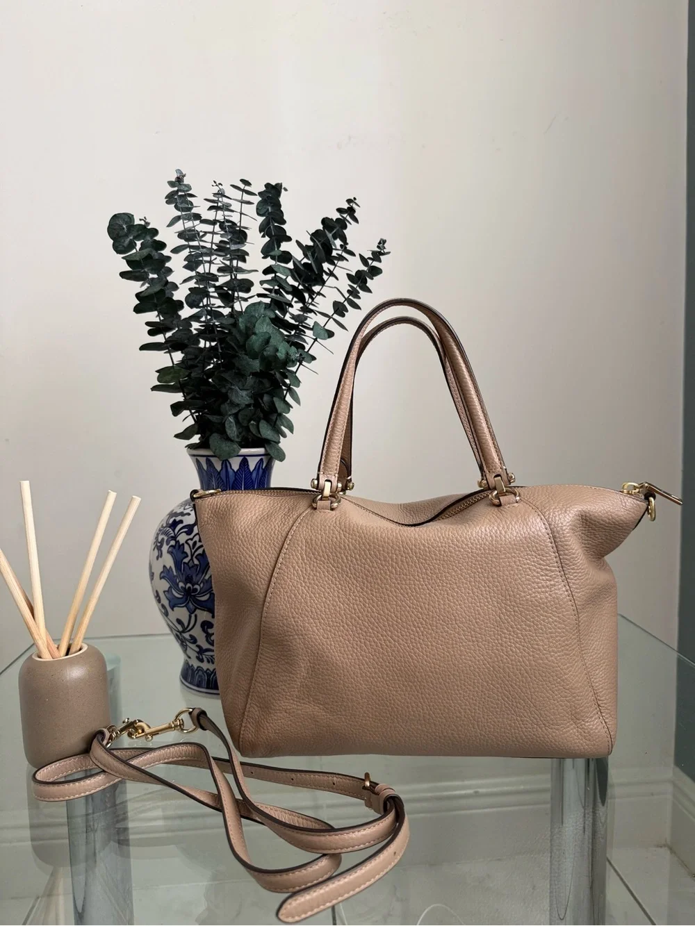 Coach Taupe Pebbled Leather Satchel with Gold Hardware